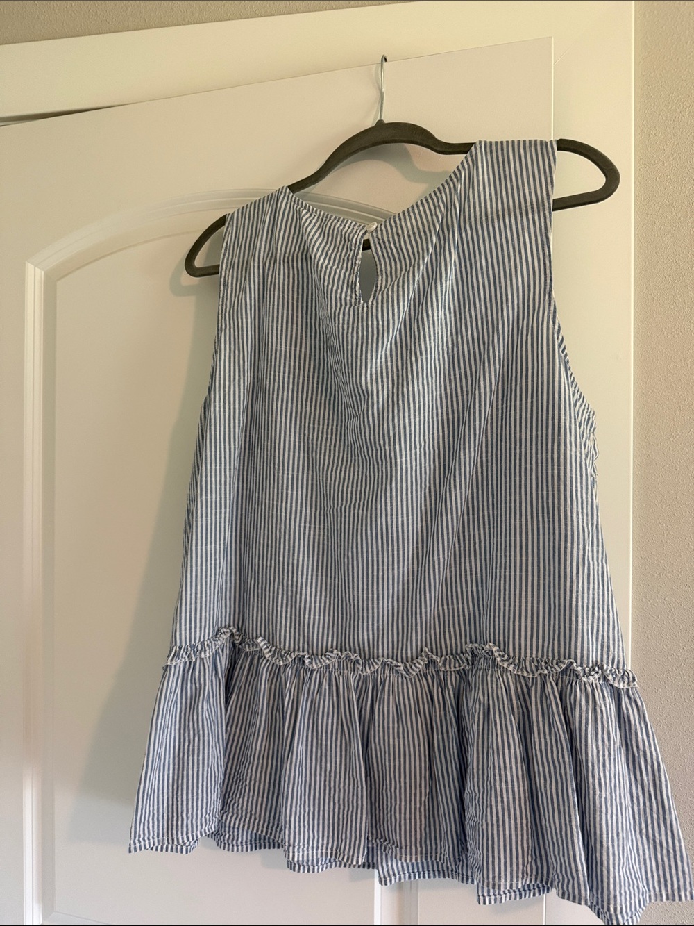 Blue and White Pinstripe Sleeveless Peplum Top - Picture 2 of 4